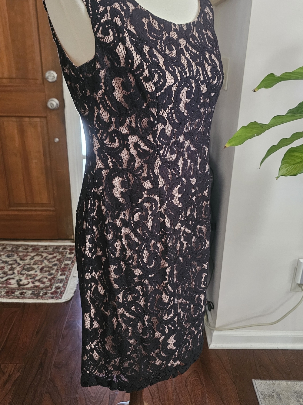 Adrianna Papell Black Lace Overlay Blush Sheath Dress